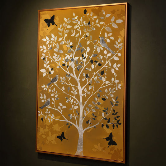 Stylized Tree with Birds and Butterflies, Portrait Canvas Art shown in antique gold floating frame