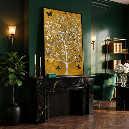 Stylized Tree with Birds and Butterflies, Portrait Canvas Art in black floating frame