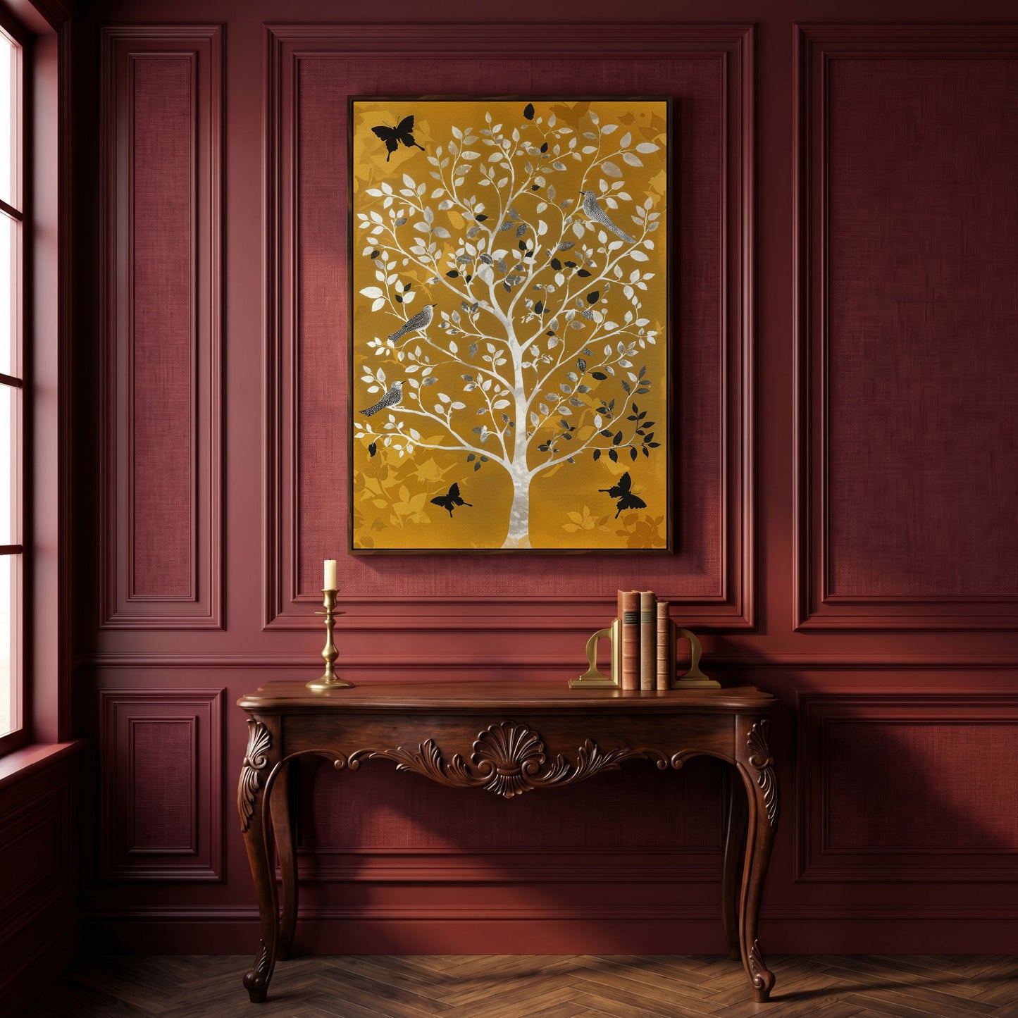Stylized Tree with Birds and Butterflies, Portrait Canvas Art in dark walnut floating frame
