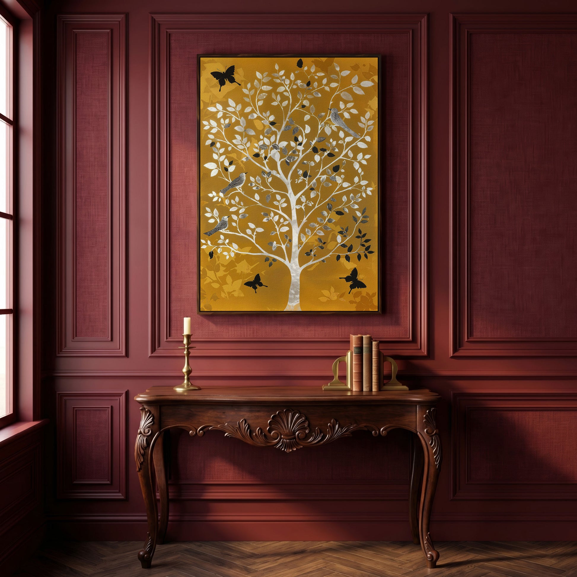 Stylized Tree with Birds and Butterflies, Portrait Canvas Art in dark walnut floating frame