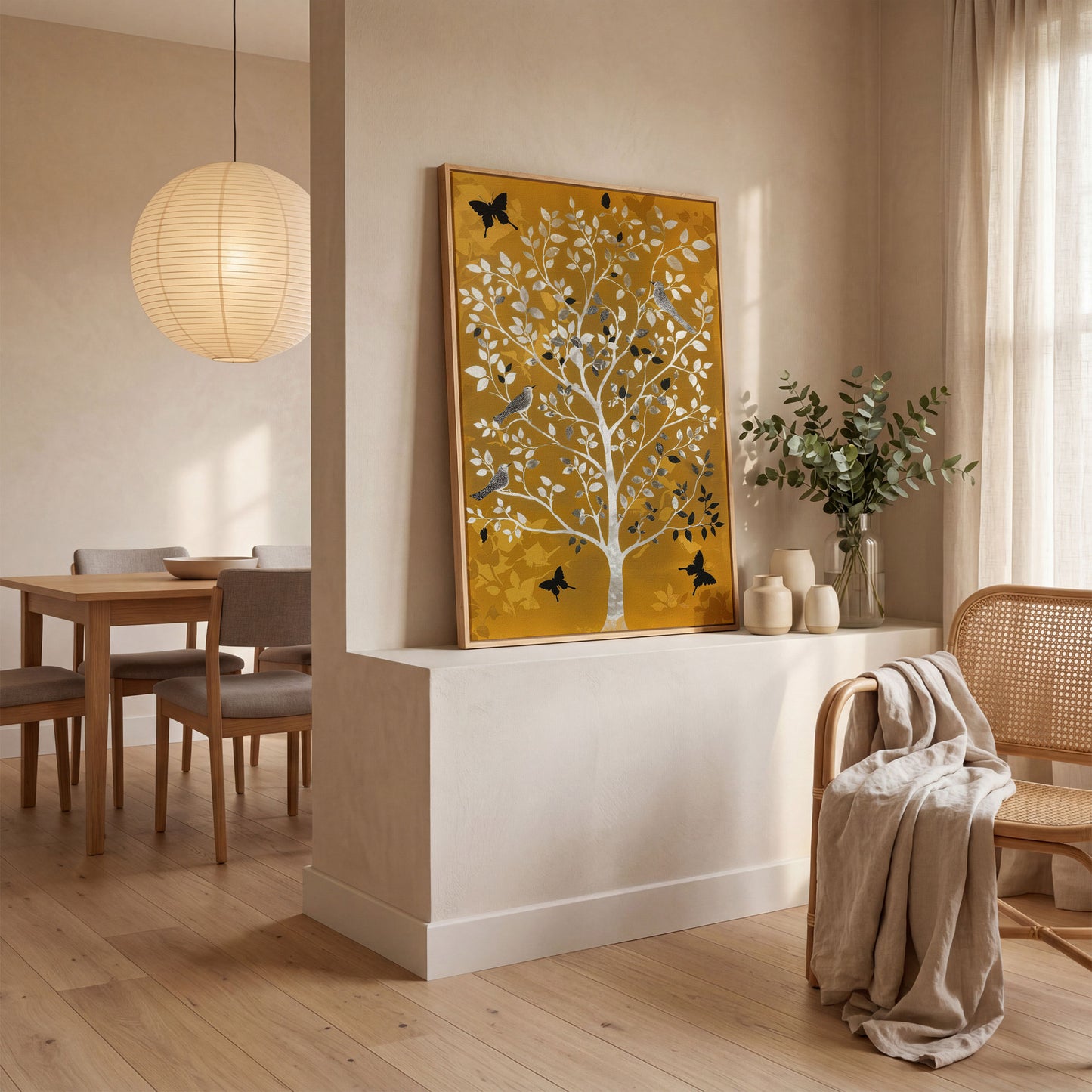 Stylized Tree with Birds and Butterflies, Portrait Canvas Art in white oak floating frame
