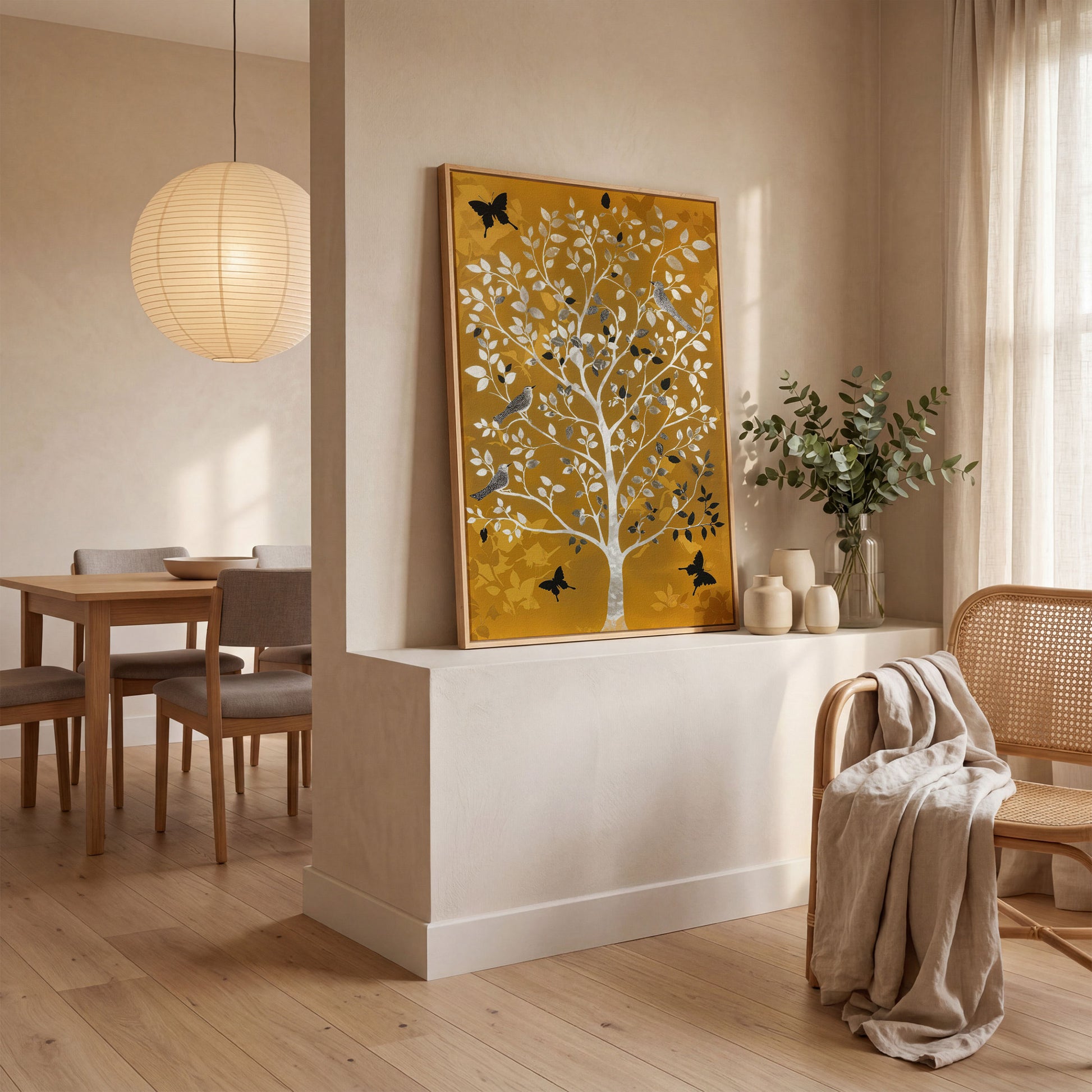 Stylized Tree with Birds and Butterflies, Portrait Canvas Art in white oak floating frame