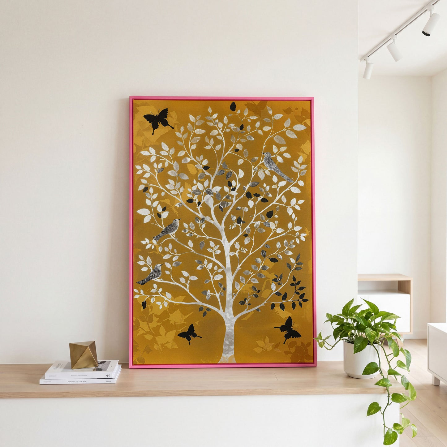 Stylized Tree with Birds and Butterflies, Portrait Canvas Art in pink floating frame