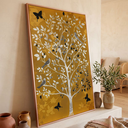 Stylized Tree with Birds and Butterflies, Portrait Canvas Art in rose gold floating frame