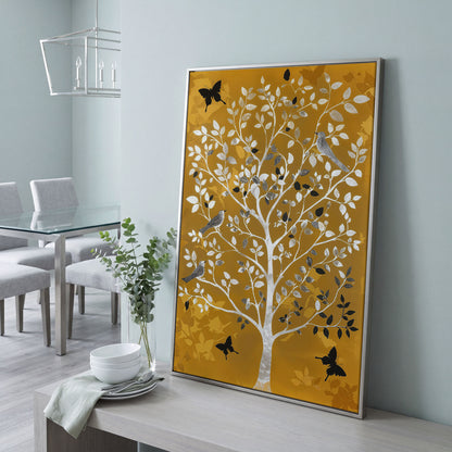 Stylized Tree with Birds and Butterflies, Portrait Canvas Art in silver floating frame