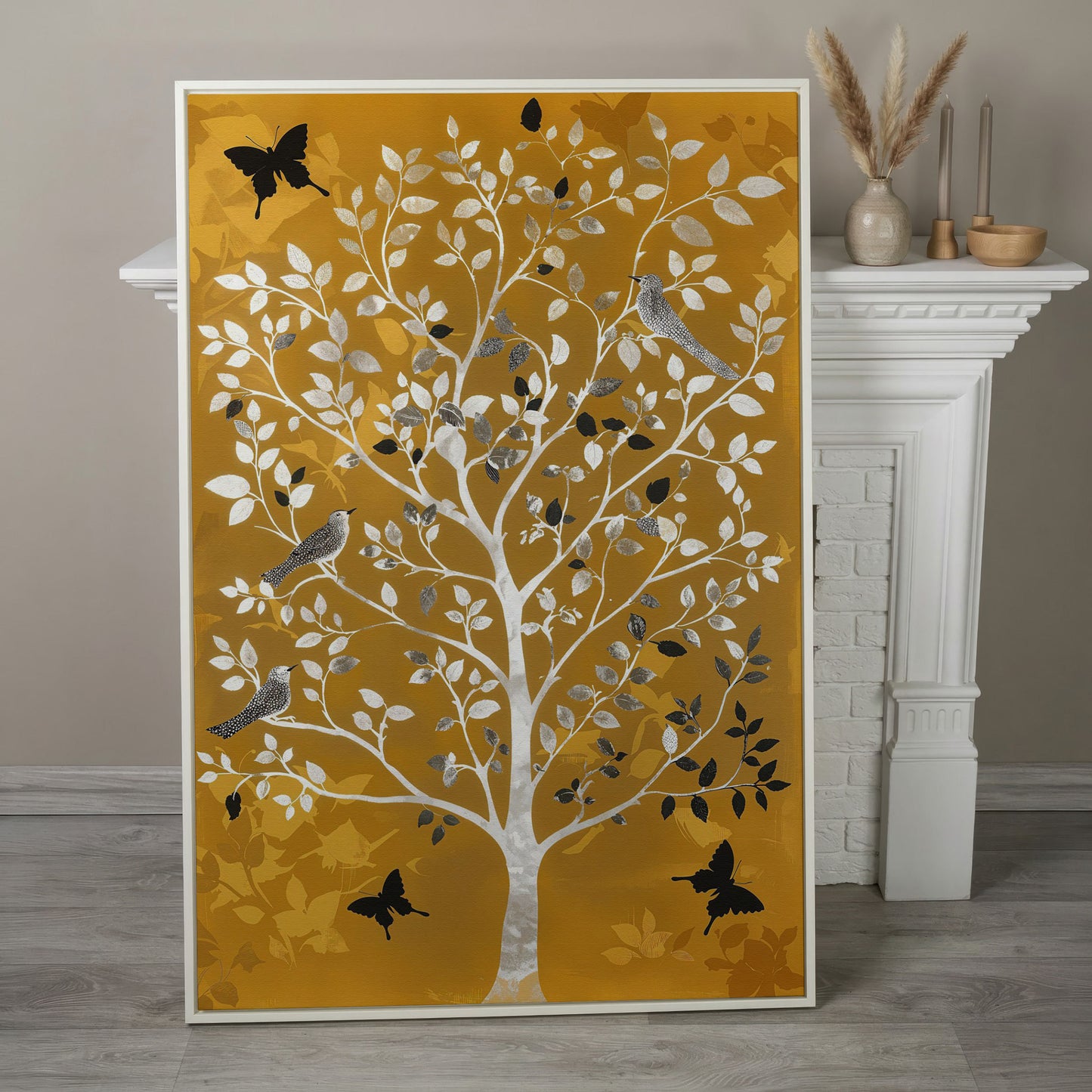 Stylized Tree with Birds and Butterflies, Portrait Canvas Art in white floating frame