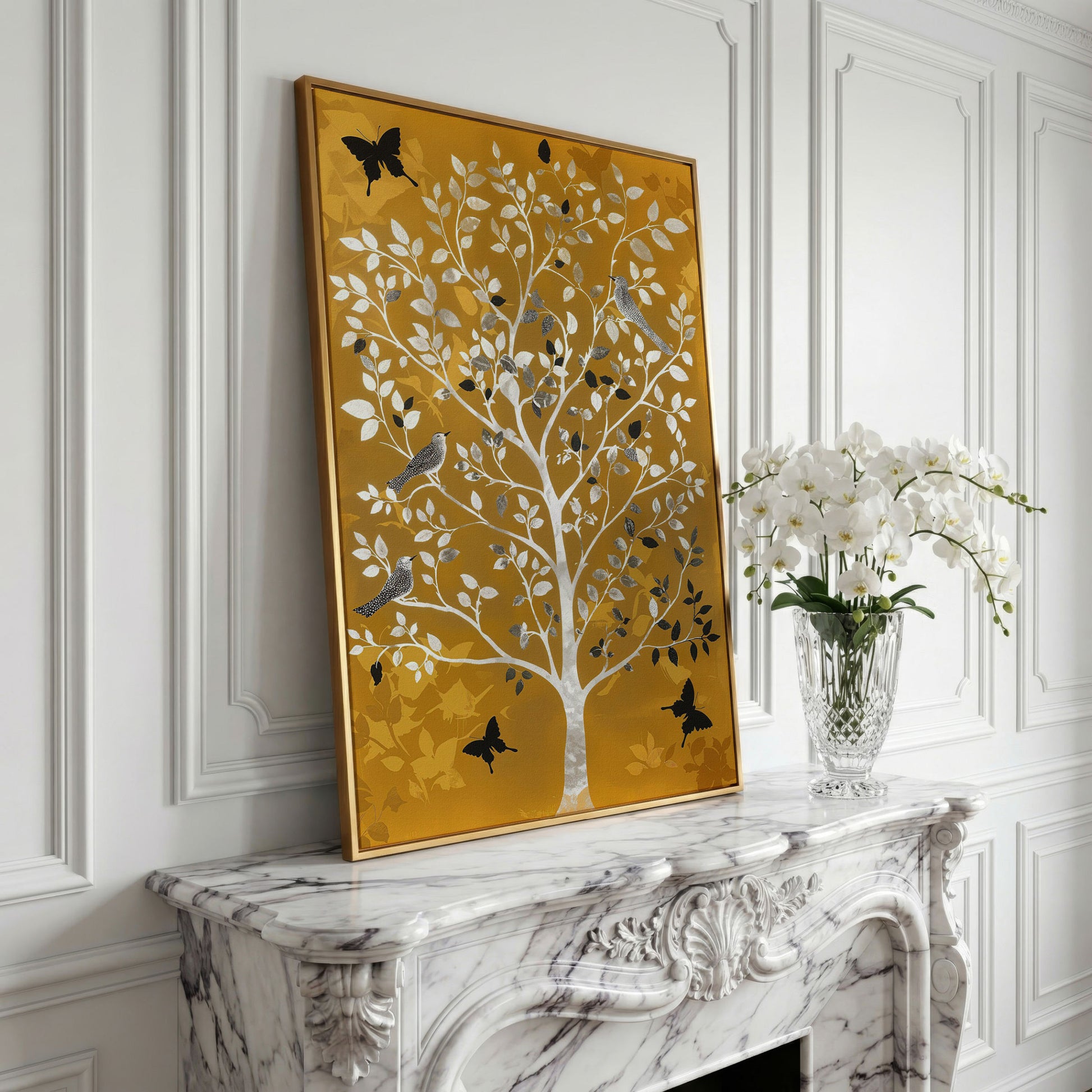 Stylized Tree with Birds and Butterflies, Portrait Canvas Art in yellow gold floating frame