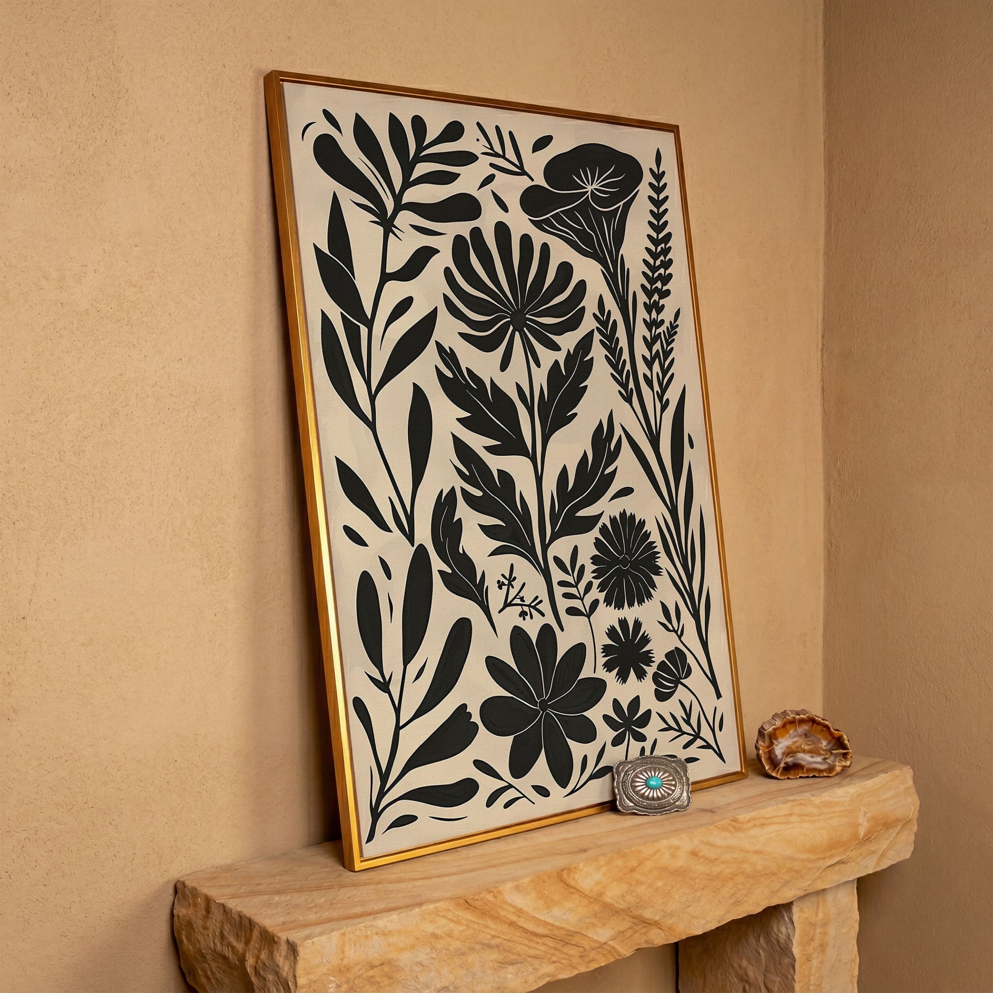 Black and White Botanical Silhouette Canvas Wall Art in antique gold floating frame