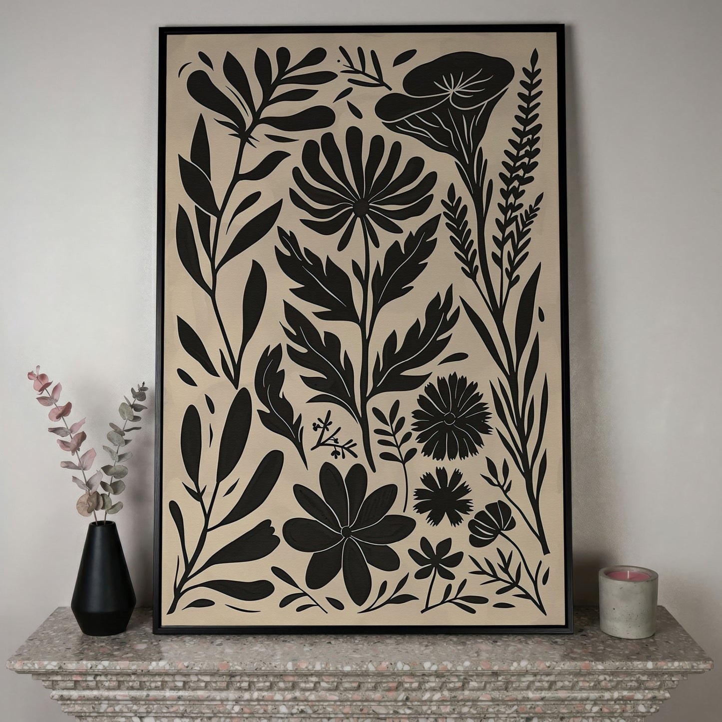 Black and White Botanical Silhouette Canvas Wall Art in black floating frame
