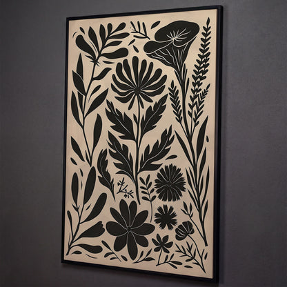 Black and White Botanical Silhouette Canvas Wall Art shown in black floating frame