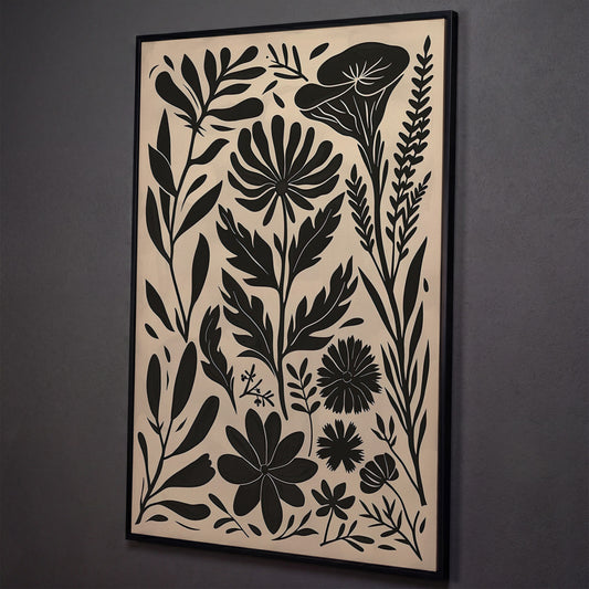 Black and White Botanical Silhouette Canvas Wall Art shown in black floating frame