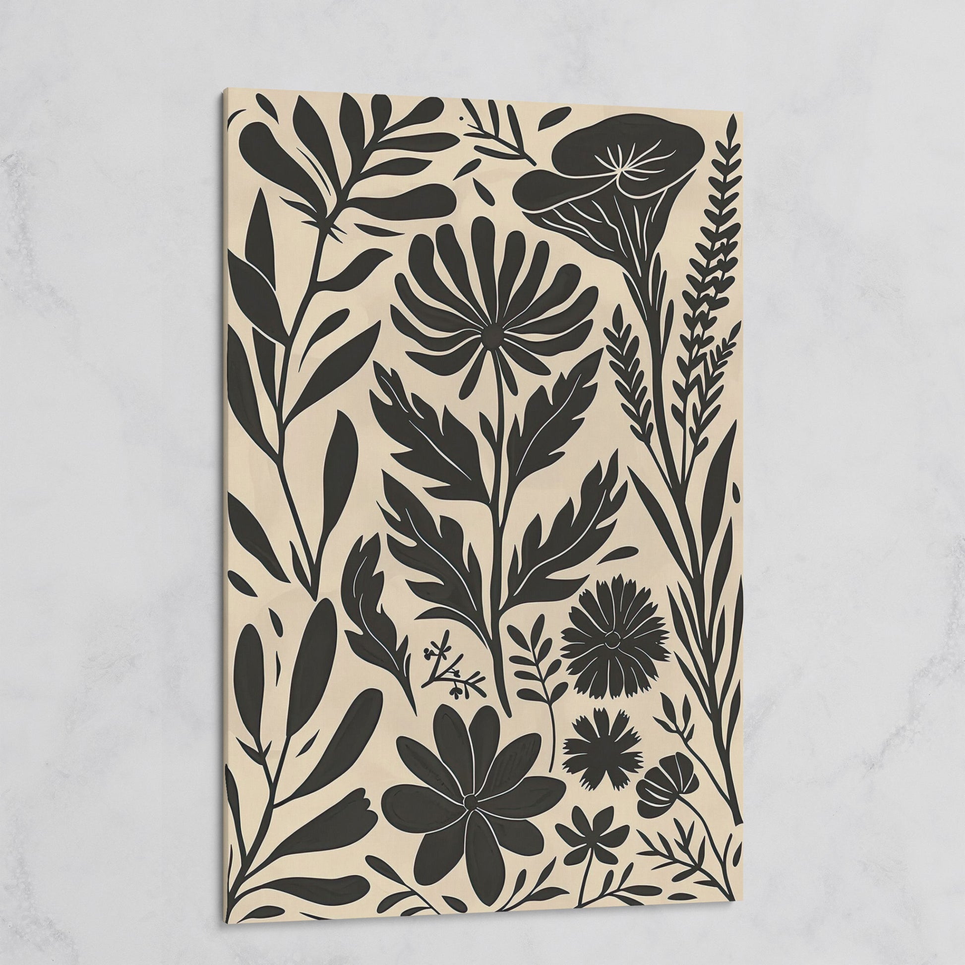 Black and White Botanical Silhouette Canvas Wall Art on gallery wrap