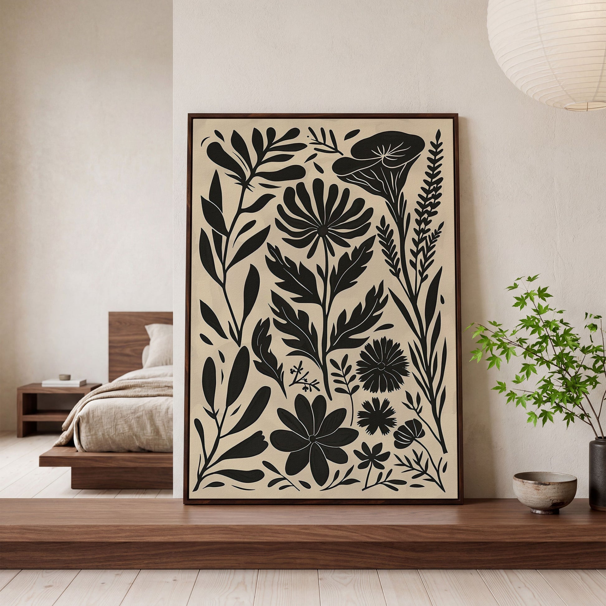 Black and White Botanical Silhouette Canvas Wall Art in dark walnut floating frame