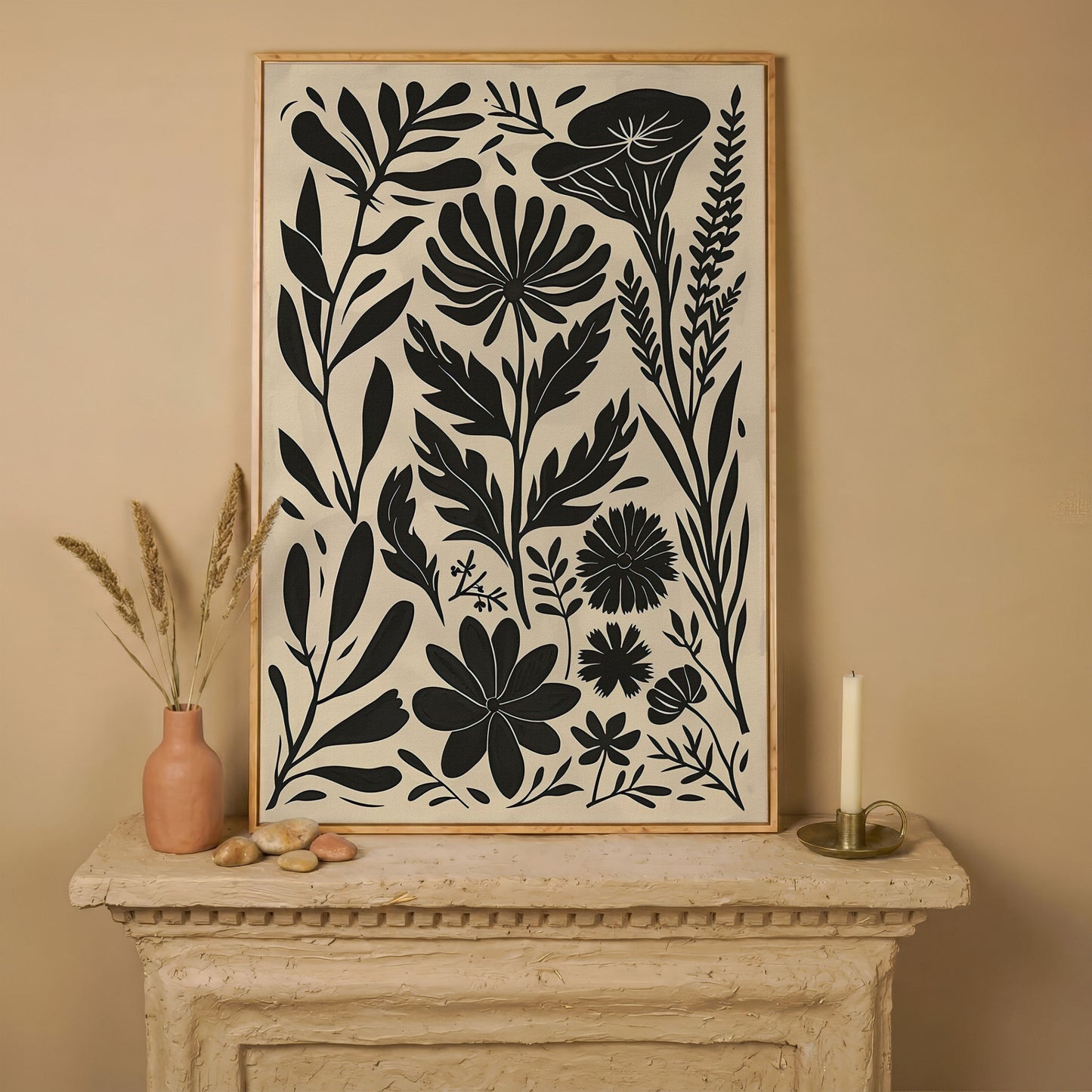 Black and White Botanical Silhouette Canvas Wall Art in white oak floating frame