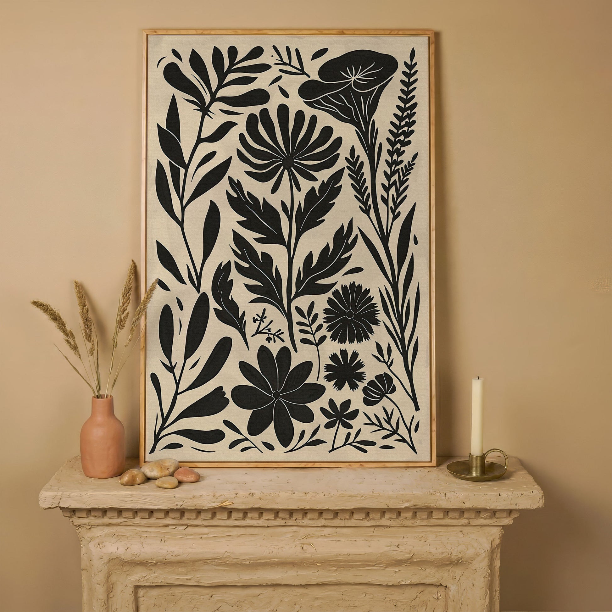 Black and White Botanical Silhouette Canvas Wall Art in white oak floating frame