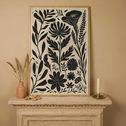 Black and White Botanical Silhouette Canvas Wall Art in white oak floating frame