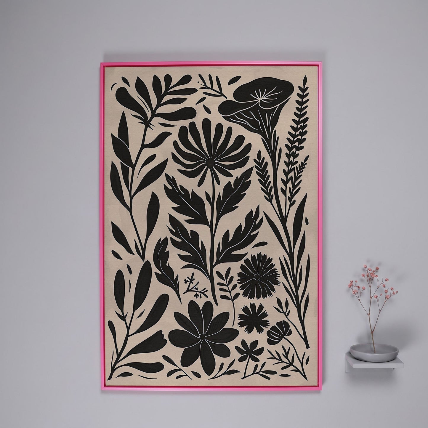 Black and White Botanical Silhouette Canvas Wall Art in pink floating frame