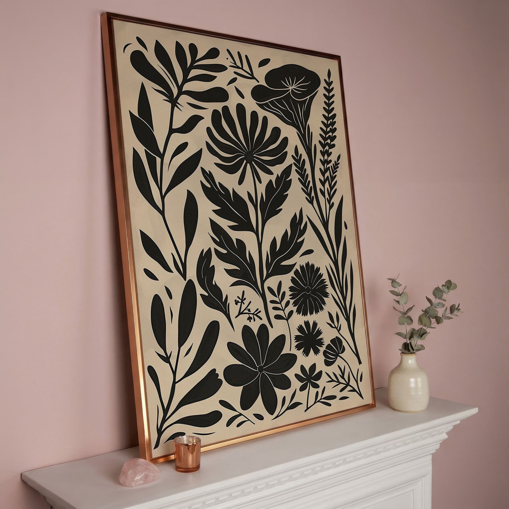 Black and White Botanical Silhouette Canvas Wall Art in rose gold floating frame