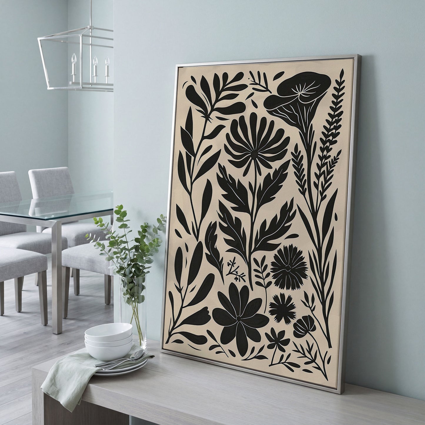 Black and White Botanical Silhouette Canvas Wall Art in silver floating frame