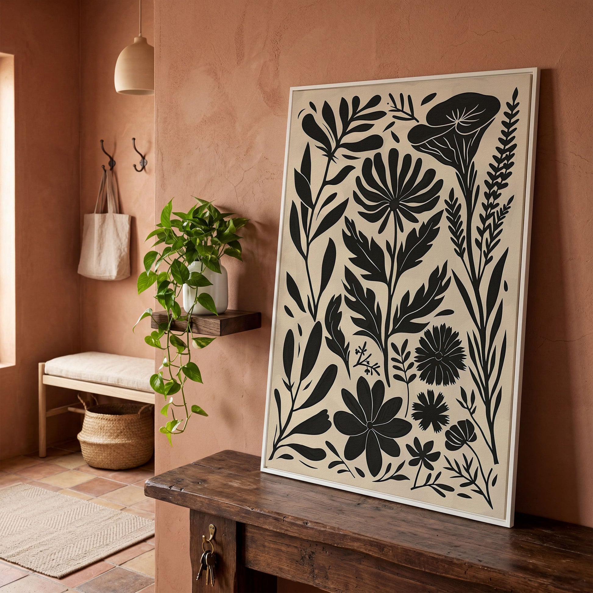 Black and White Botanical Silhouette Canvas Wall Art in white floating frame