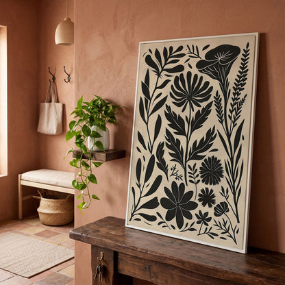 Black and White Botanical Silhouette Canvas Wall Art in white floating frame