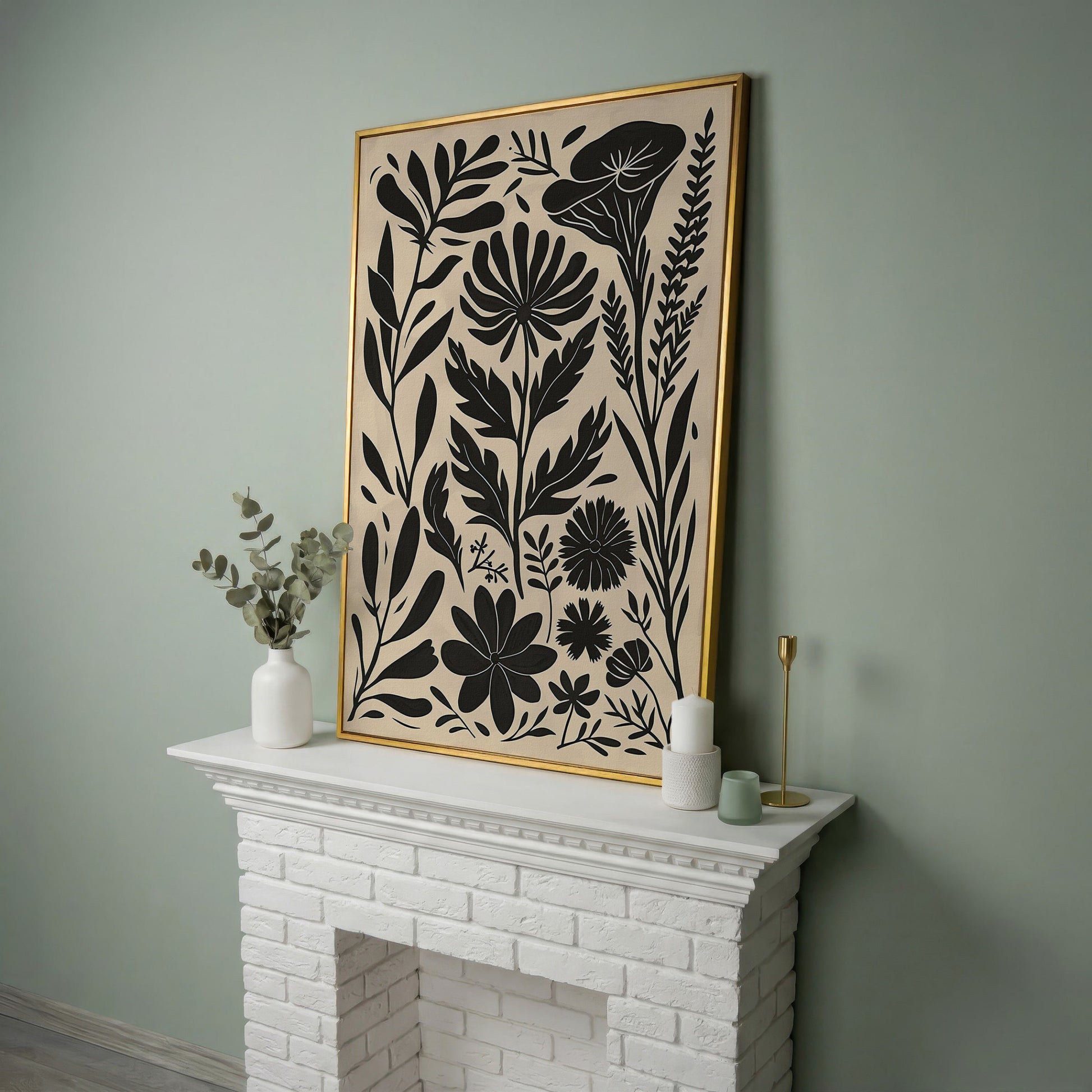 Black and White Botanical Silhouette Canvas Wall Art in yellow gold floating frame