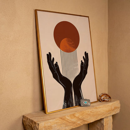 Abstract Sun and Hands Canvas Print in antique gold floating frame