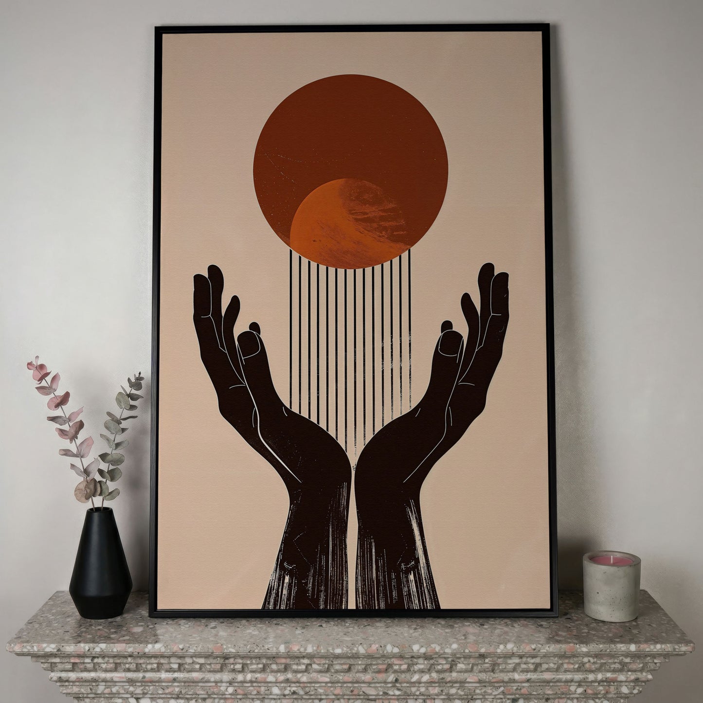Abstract Sun and Hands Canvas Print in black floating frame