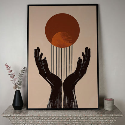 Abstract Sun and Hands Canvas Print in black floating frame