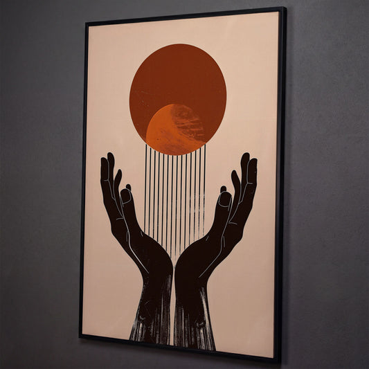 Abstract Sun and Hands Canvas Print shown in black floating frame