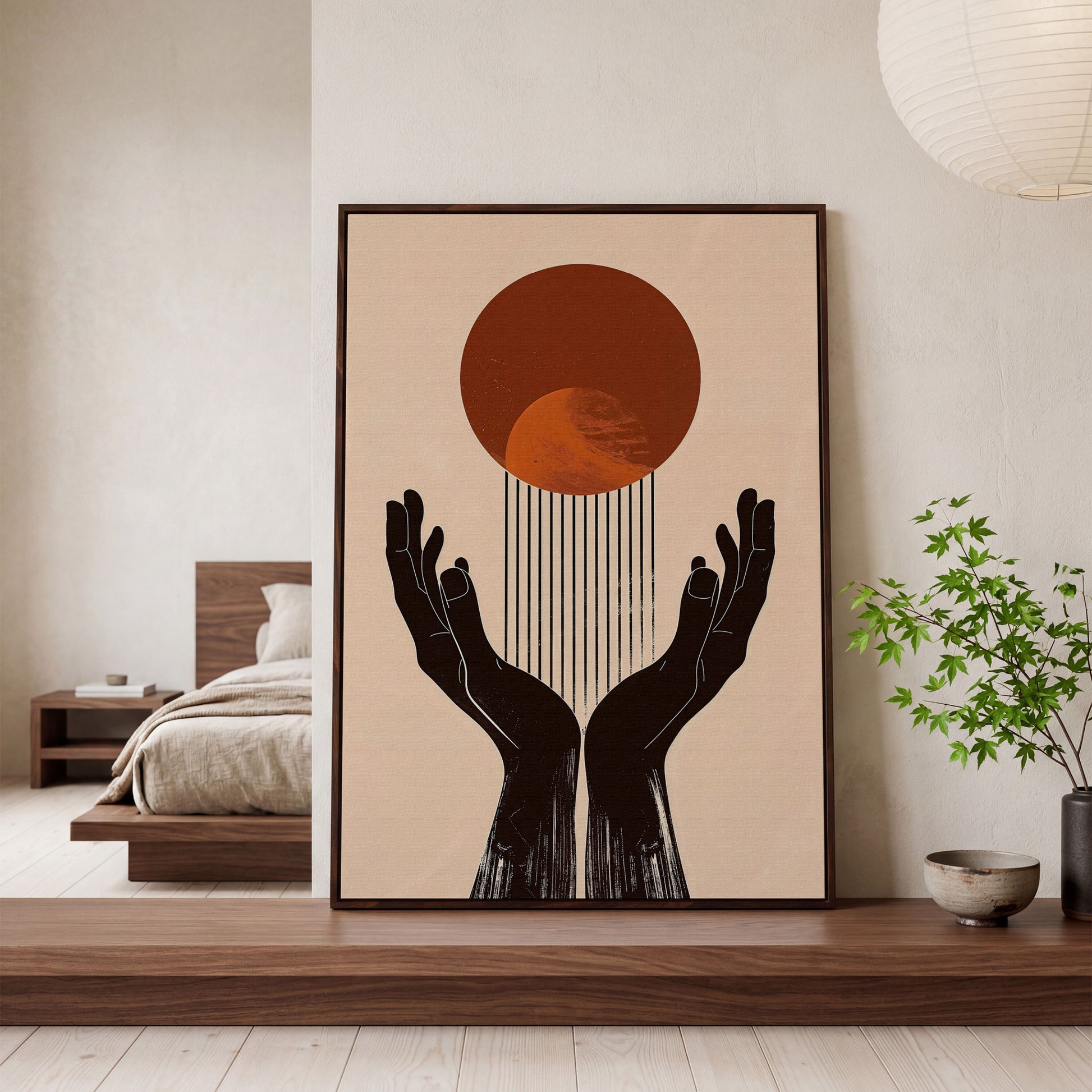 Abstract Sun and Hands Canvas Print in dark walnut floating frame