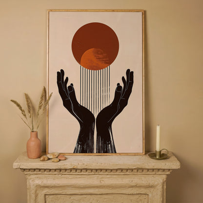 Abstract Sun and Hands Canvas Print in white oak floating frame
