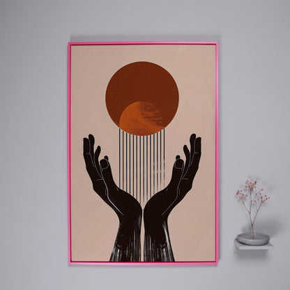Abstract Sun and Hands Canvas Print in pink floating frame