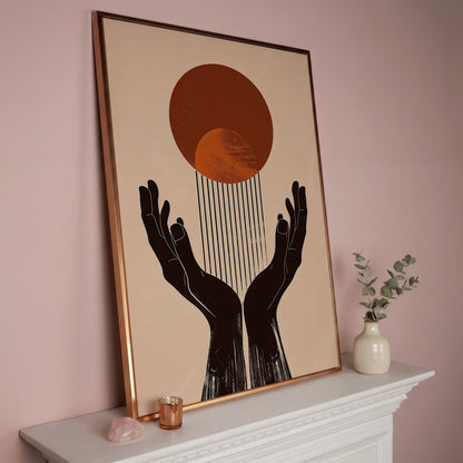 Abstract Sun and Hands Canvas Print in rose gold floating frame