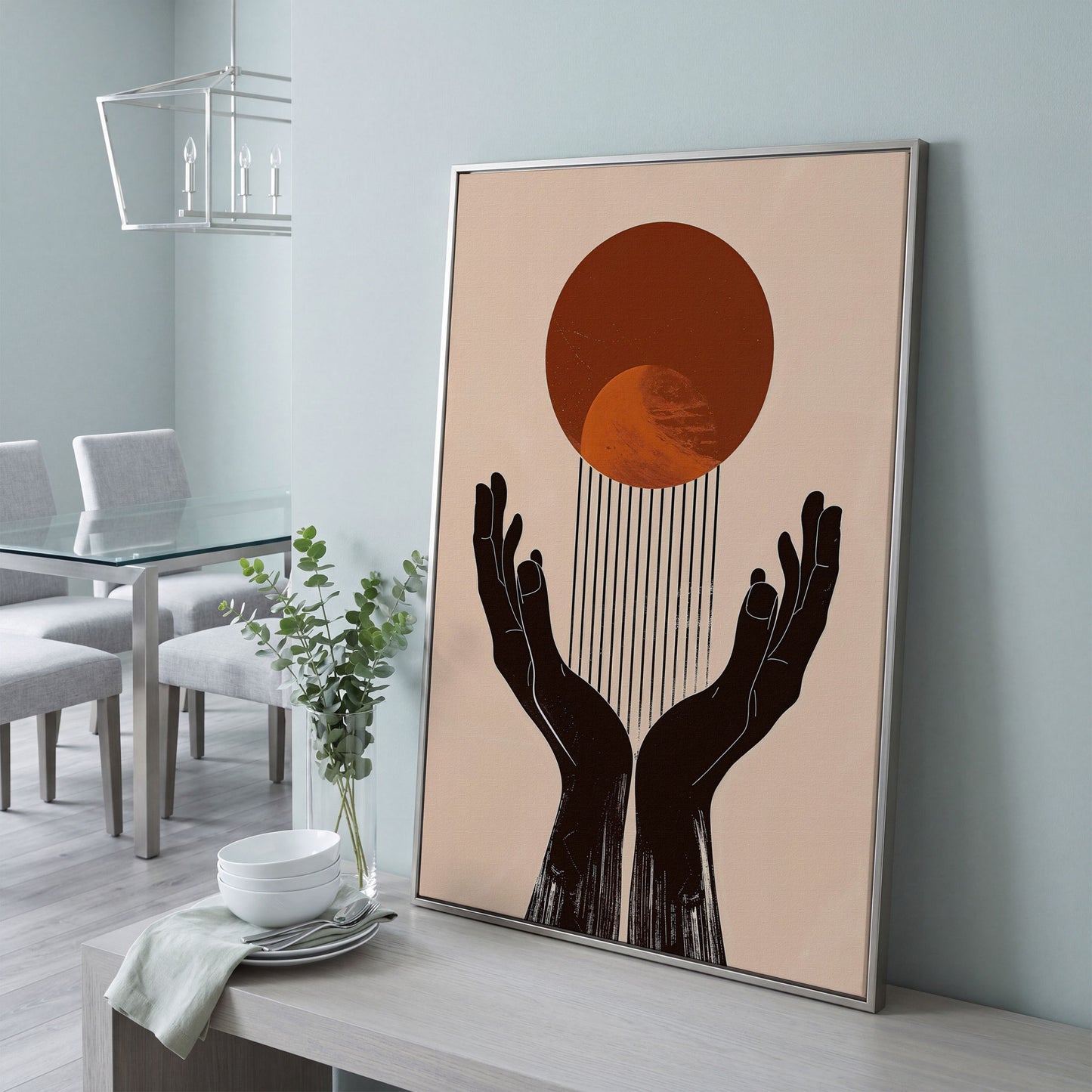Abstract Sun and Hands Canvas Print in silver floating frame