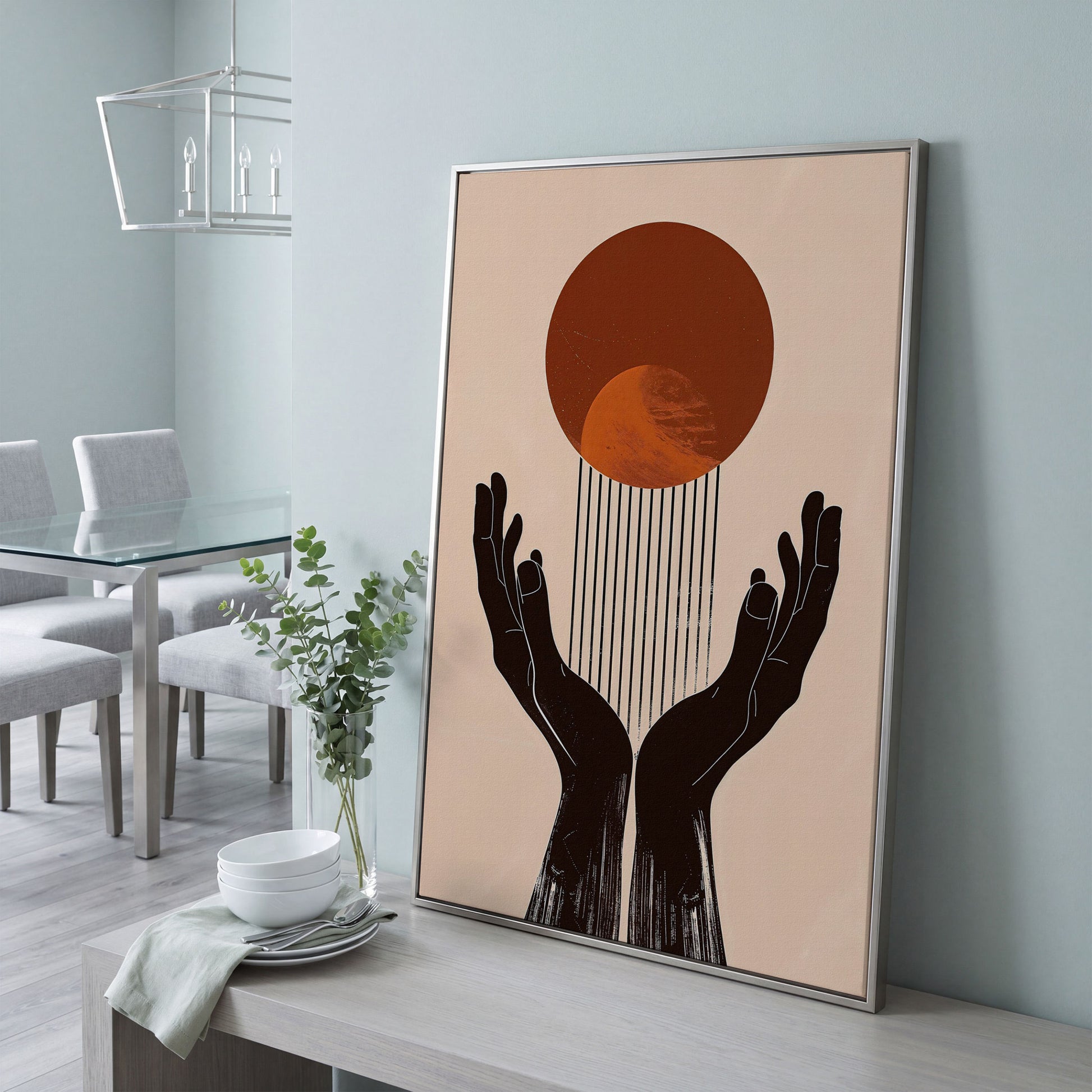Abstract Sun and Hands Canvas Print in silver floating frame