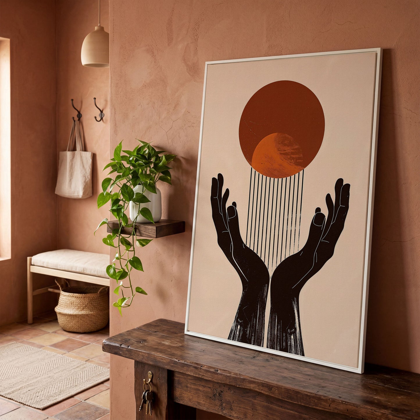 Abstract Sun and Hands Canvas Print in white floating frame
