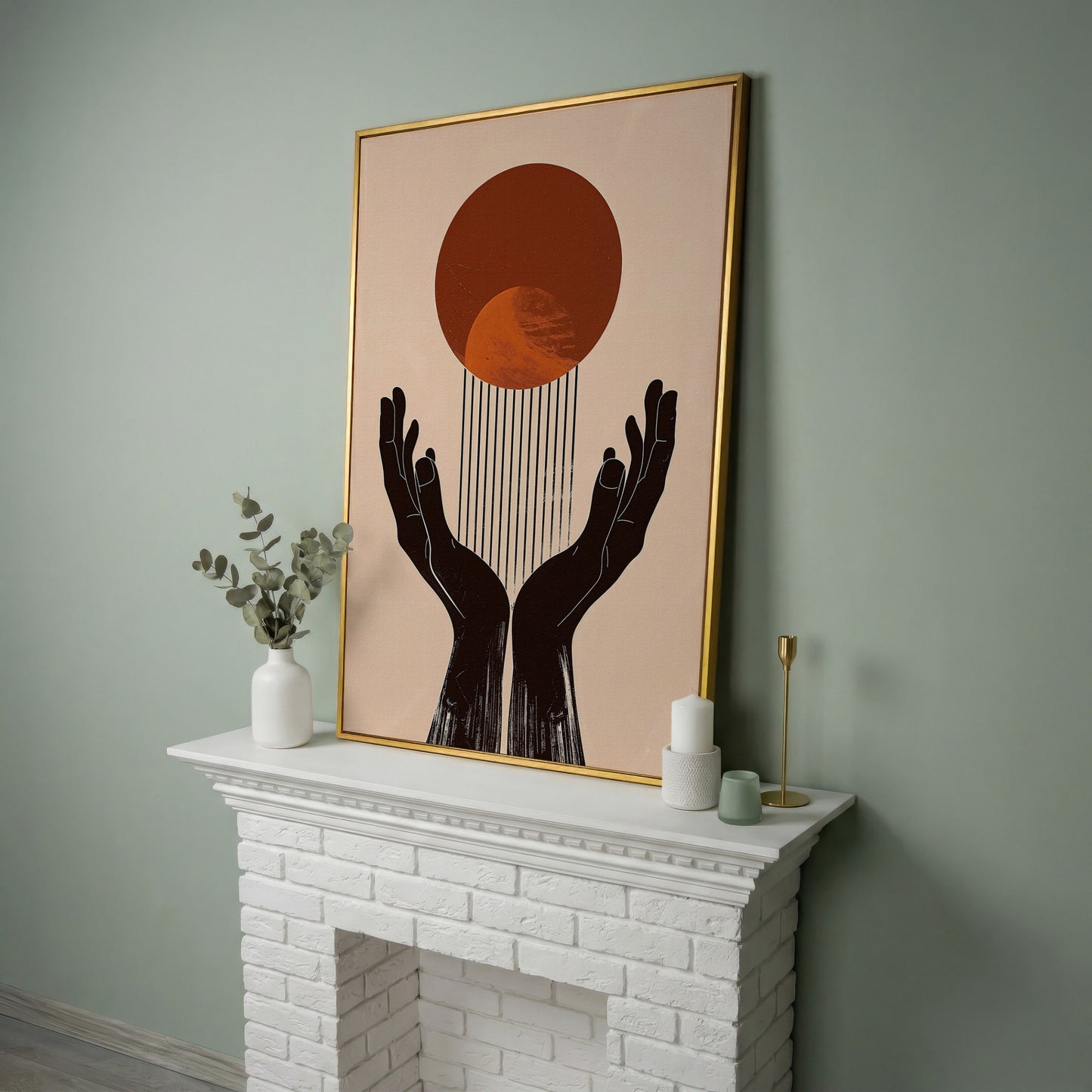Abstract Sun and Hands Canvas Print in yellow gold floating frame