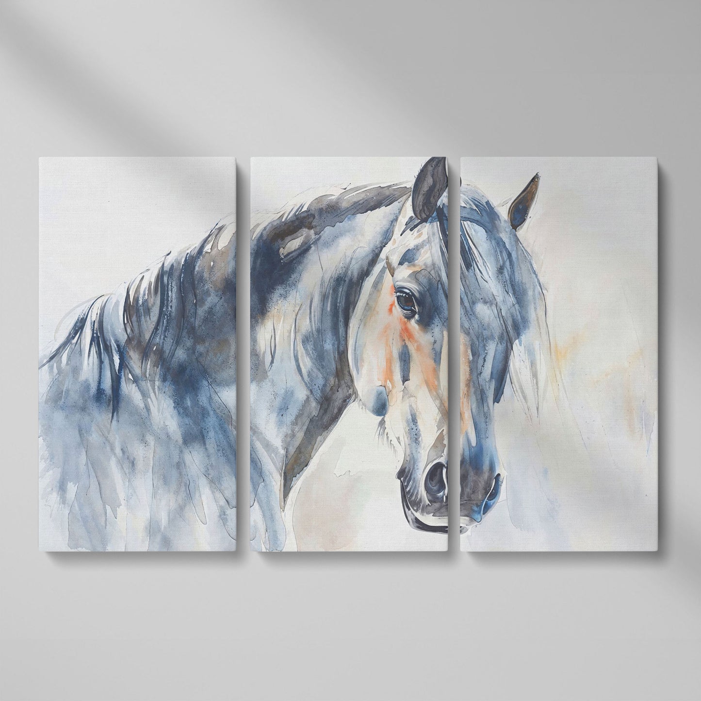 Horse Watercolor Canvas - Slate Gray & Peach Equine Portrait as 3-panel split version