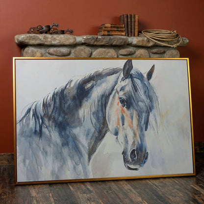 Horse Watercolor Canvas - Slate Gray & Peach Equine Portrait in antique gold floating frame
