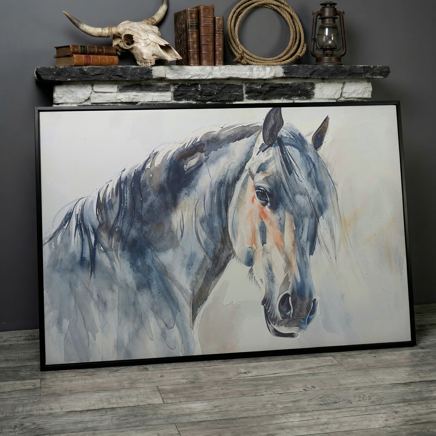 Horse Watercolor Canvas - Slate Gray & Peach Equine Portrait in black floating frame