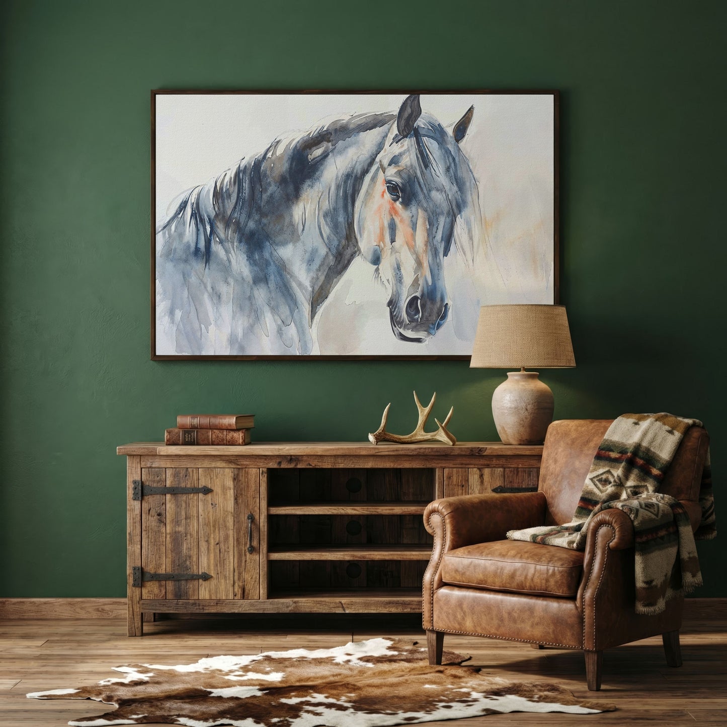 Horse Watercolor Canvas - Slate Gray & Peach Equine Portrait in dark walnut floating frame