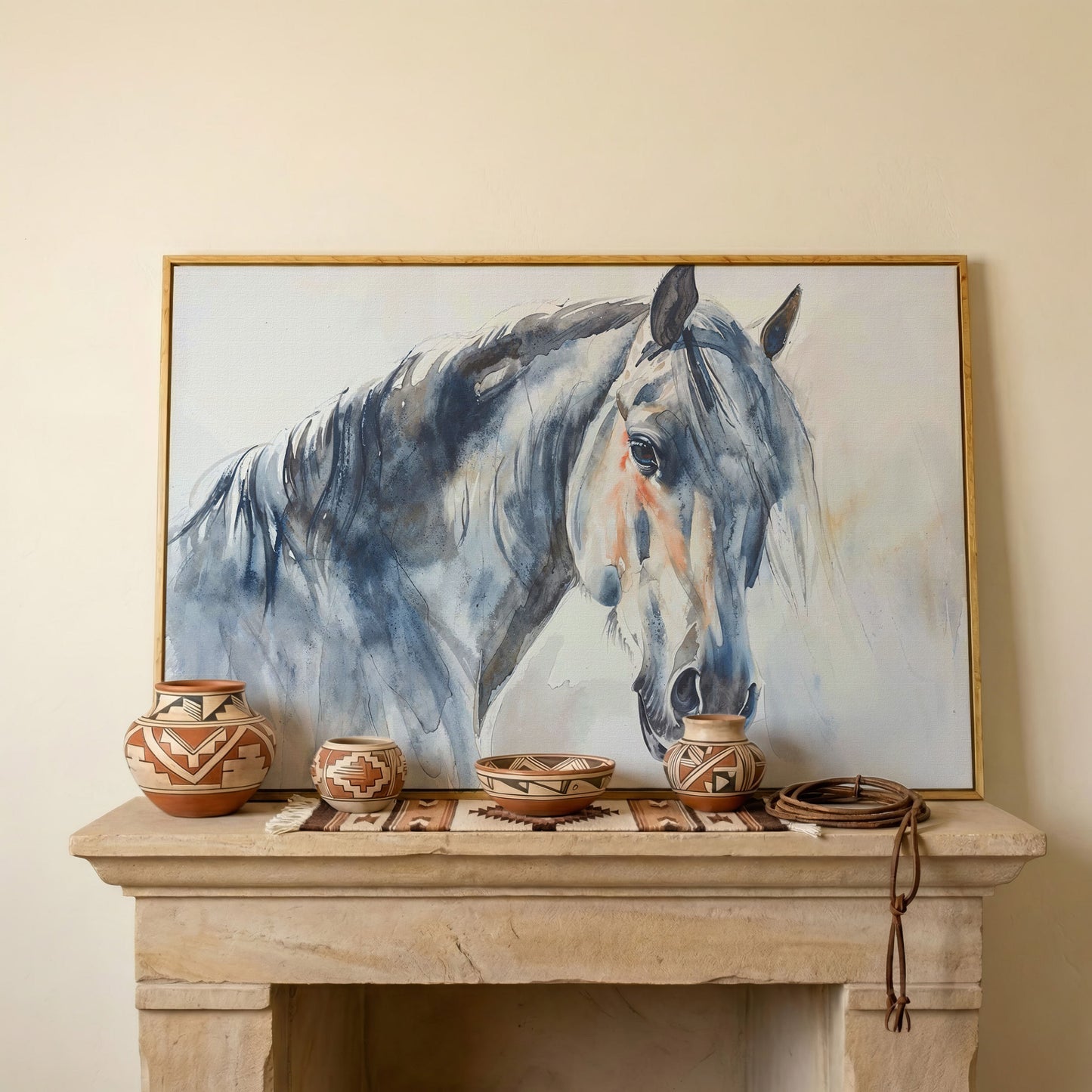 Horse Watercolor Canvas - Slate Gray & Peach Equine Portrait in white oak floating frame