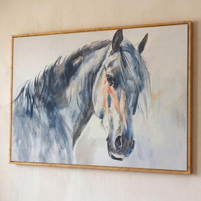 Horse Watercolor Canvas - Slate Gray & Peach Equine Portrait shown in white oak floating frame