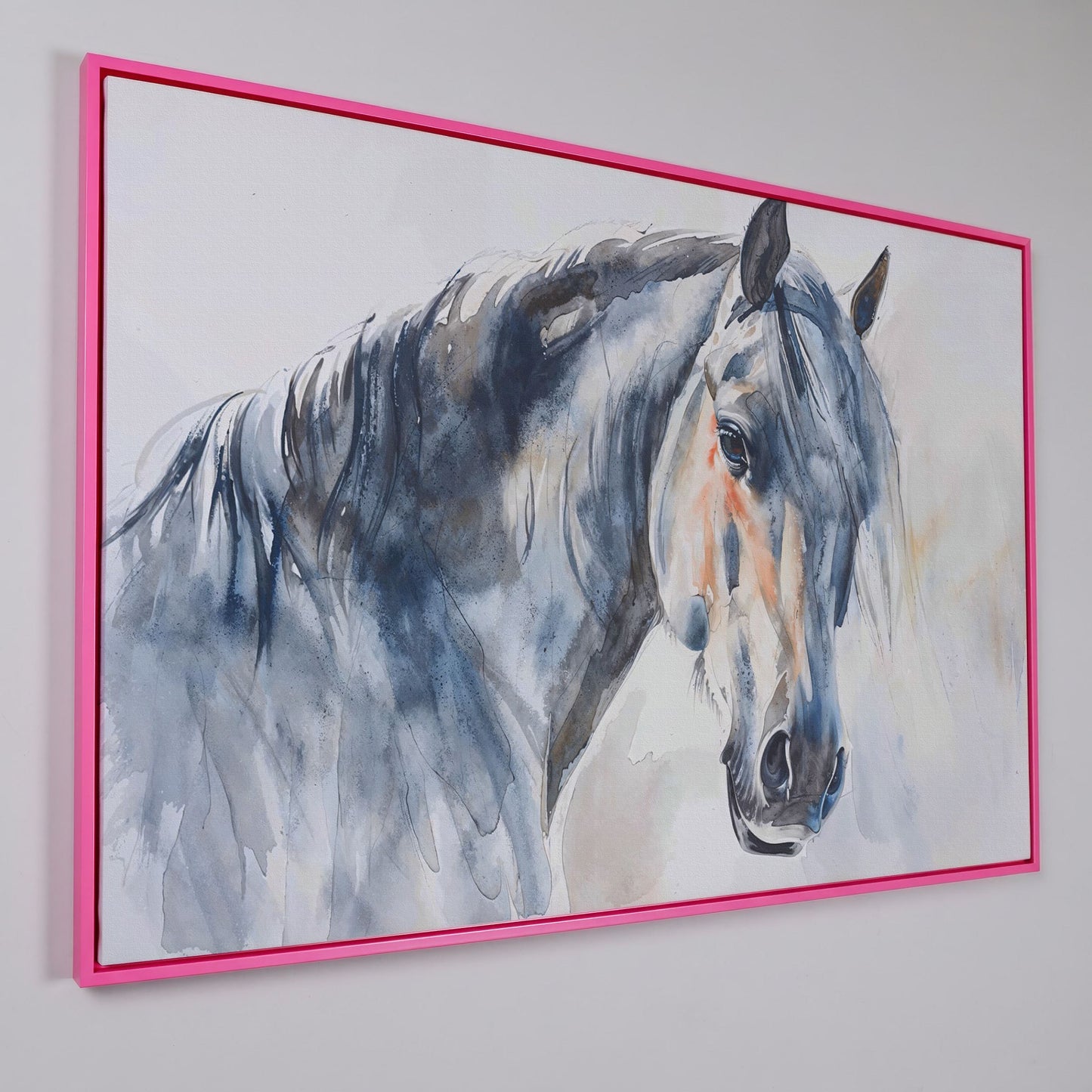 Horse Watercolor Canvas - Slate Gray & Peach Equine Portrait in pink floating frame