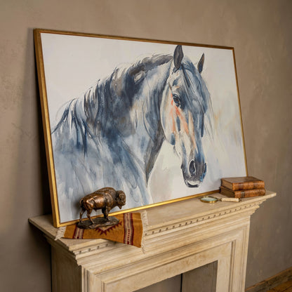 Horse Watercolor Canvas - Slate Gray & Peach Equine Portrait in rose gold floating frame