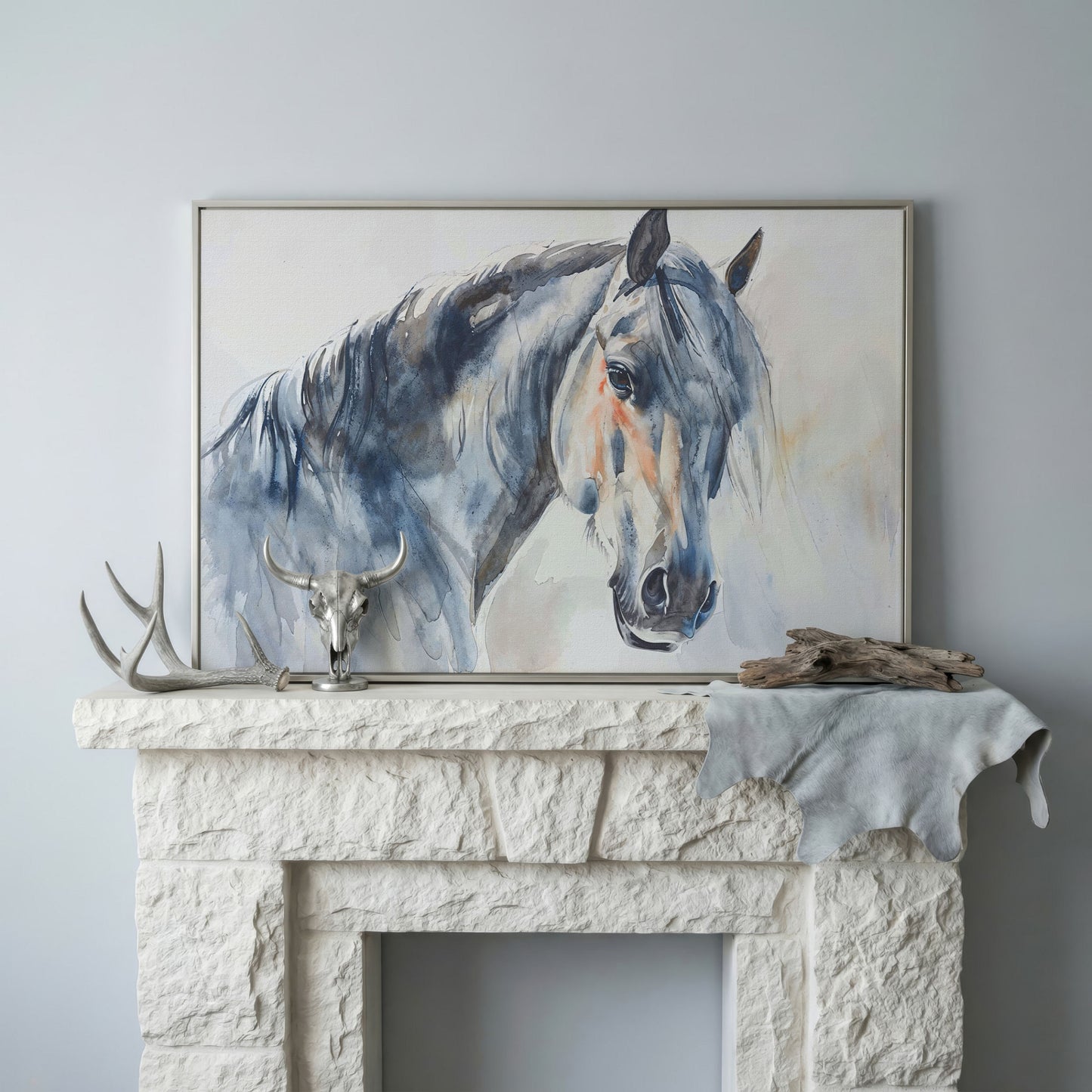 Horse Watercolor Canvas - Slate Gray & Peach Equine Portrait in silver floating frame