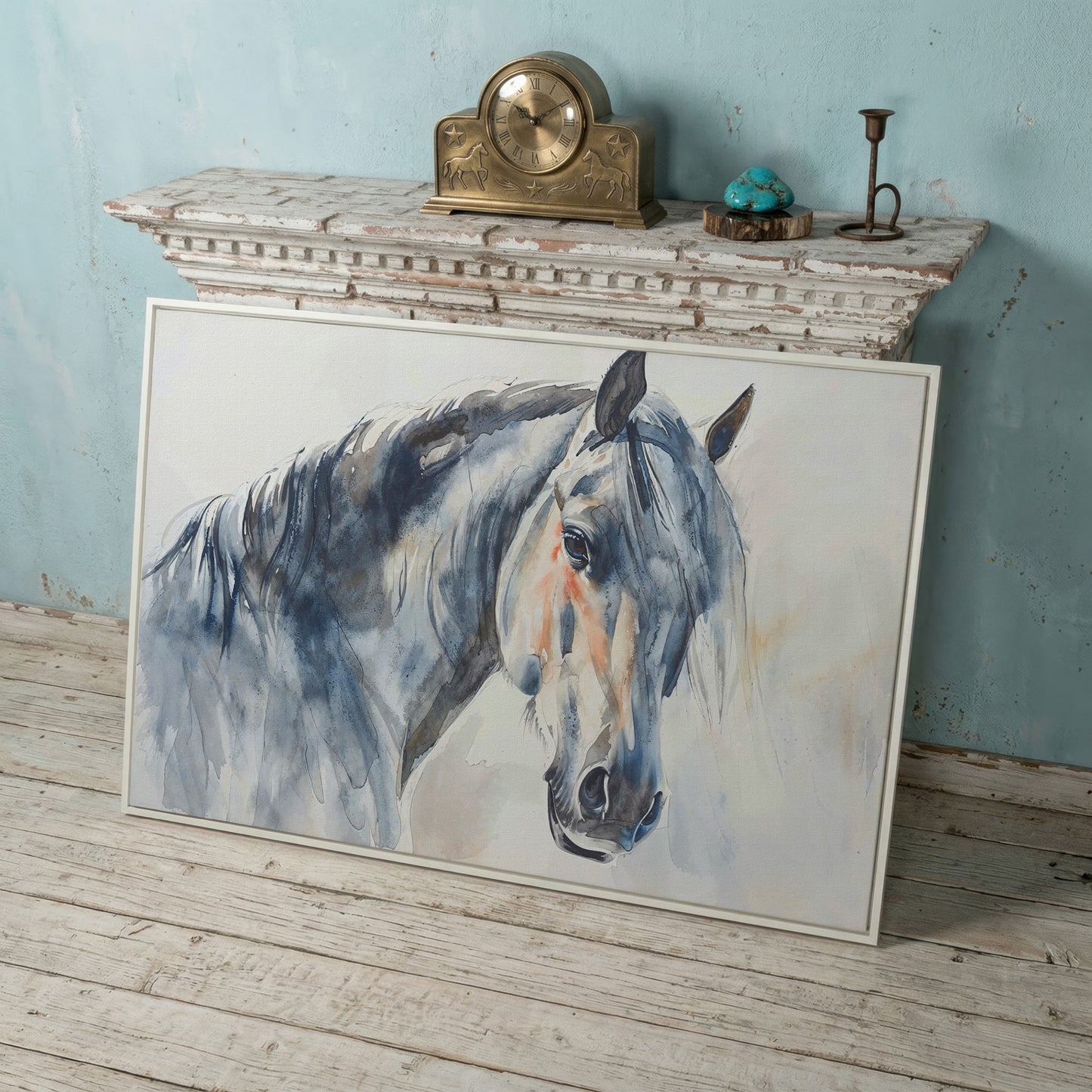 Horse Watercolor Canvas - Slate Gray & Peach Equine Portrait in white floating frame