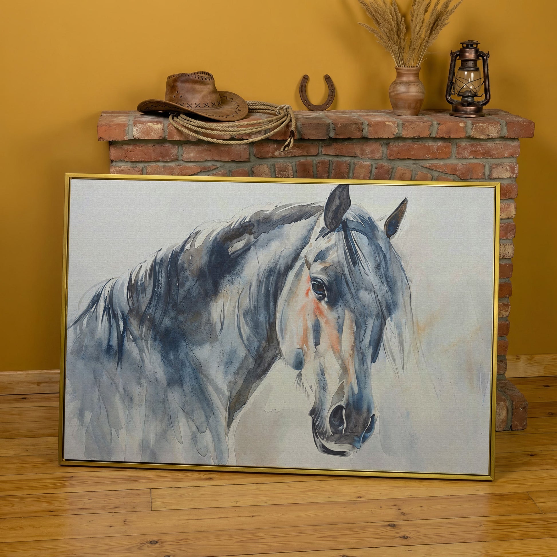 Horse Watercolor Canvas - Slate Gray & Peach Equine Portrait in yellow gold floating frame