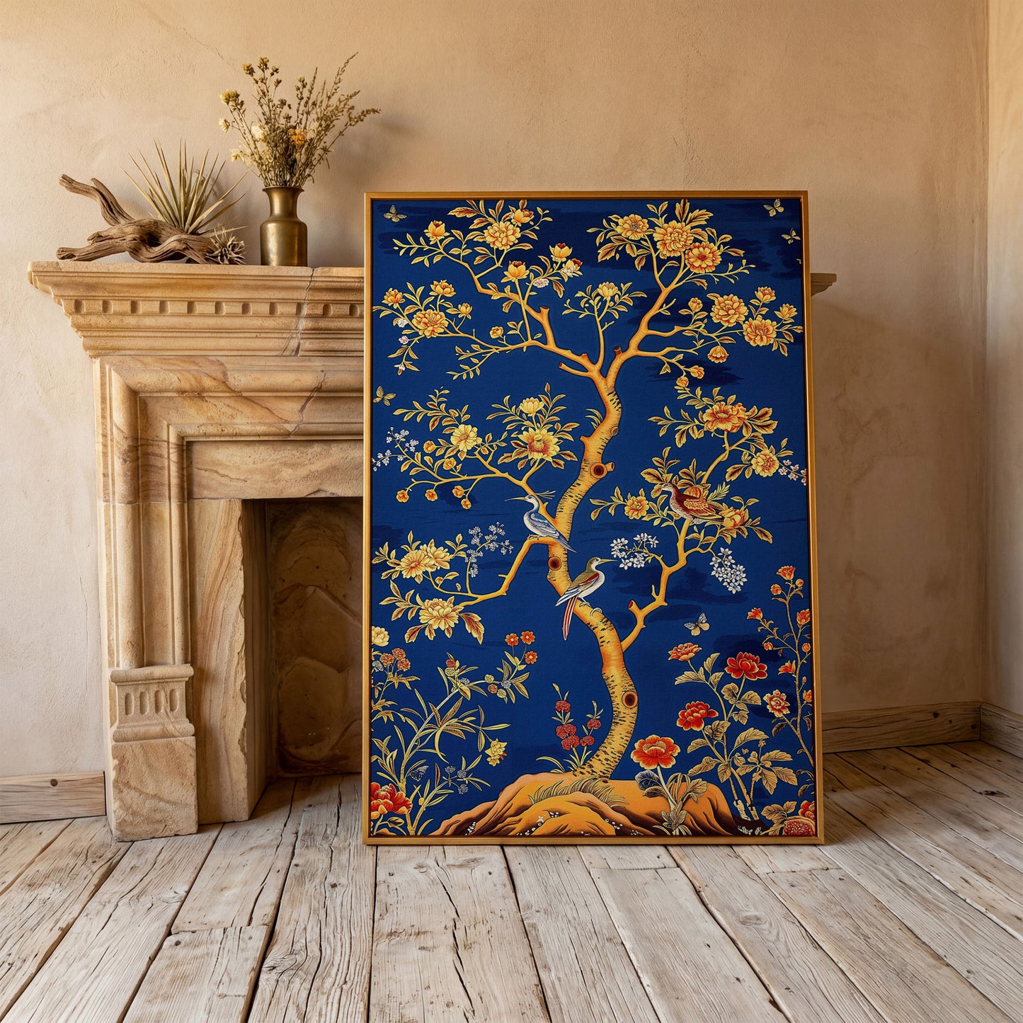 Flowering Tree with Birds and Butterflies Canvas Wall Art in antique gold floating frame